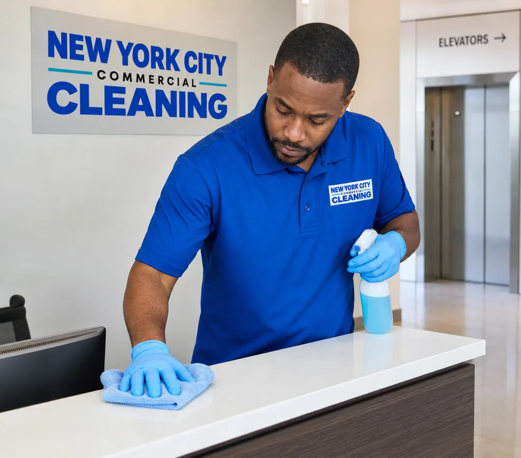 Professional cleaner disinfecting a reception desk in a modern Manhattan office lobby