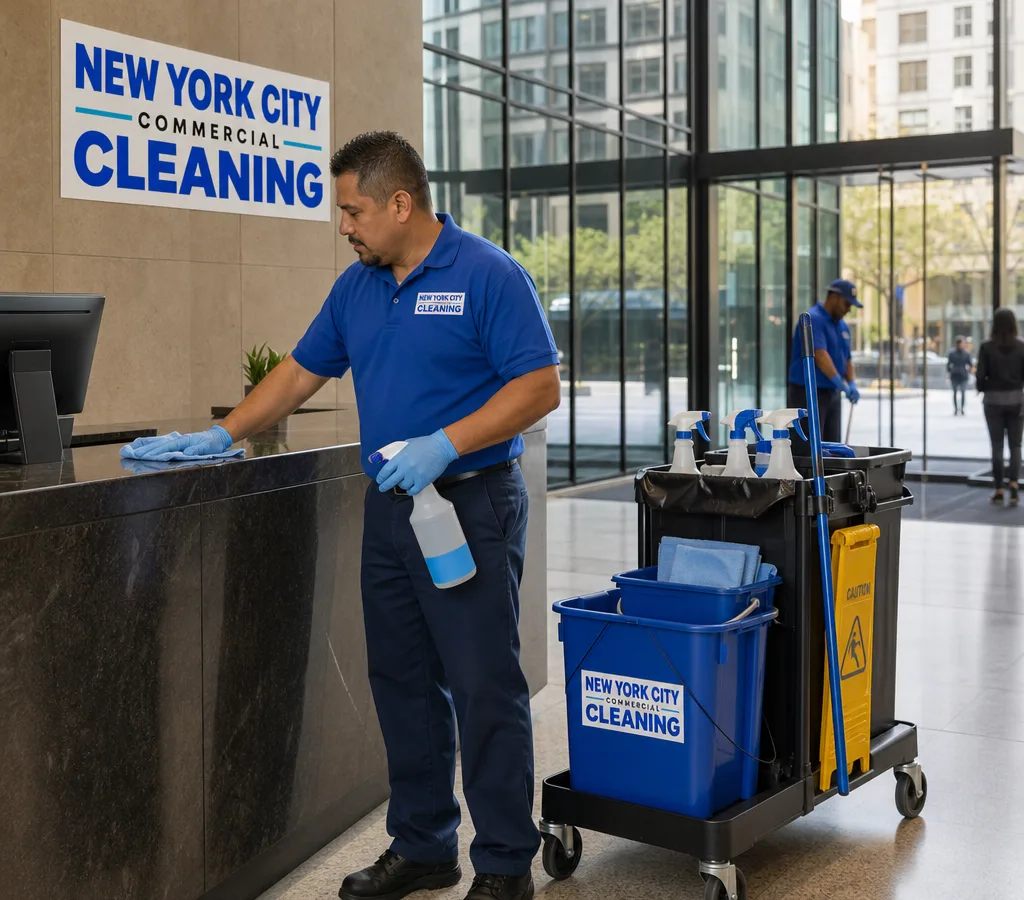 Professional cleaner disinfecting high-touch lobby surfaces in a New York commercial building
