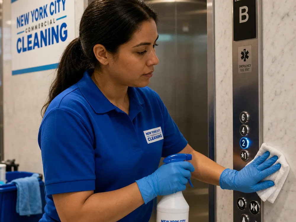 Cleaner wearing gloves disinfecting elevator buttons and door handles in a New York City commercial building hallway