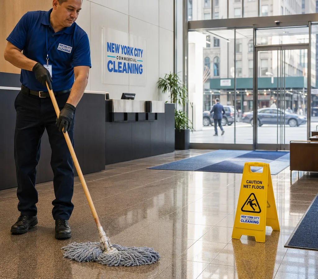 Uniformed building maintenance team member mopping a commercial New York City lobby near wet-floor signage and clean entry mats