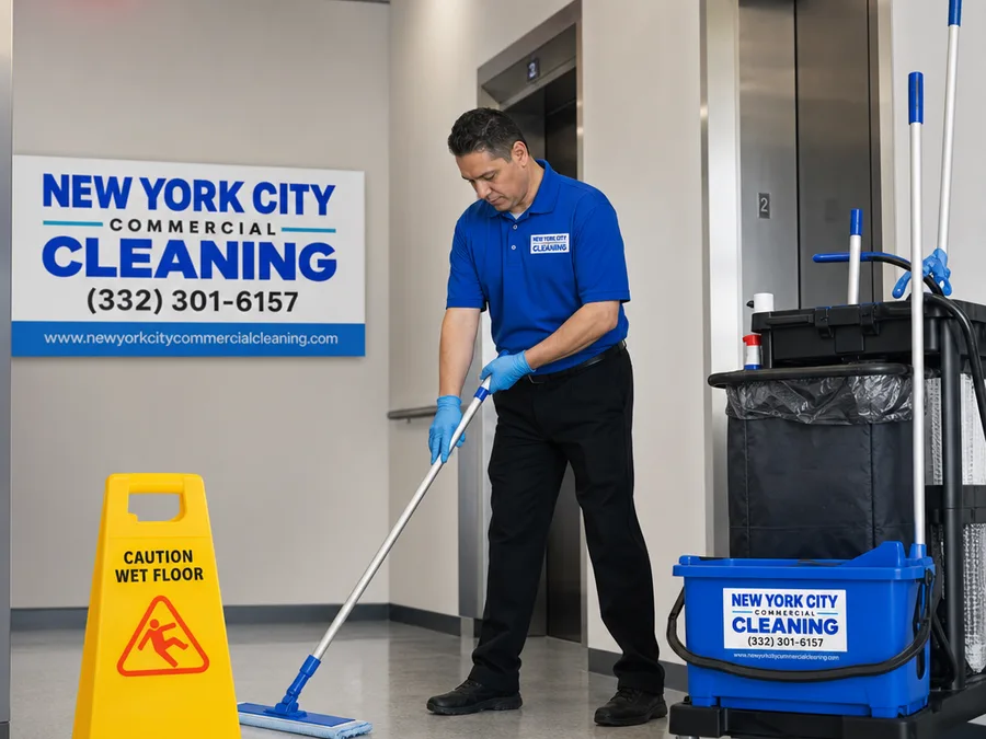 Cleaner mopping a commercial corridor near elevators with professional safety equipment
