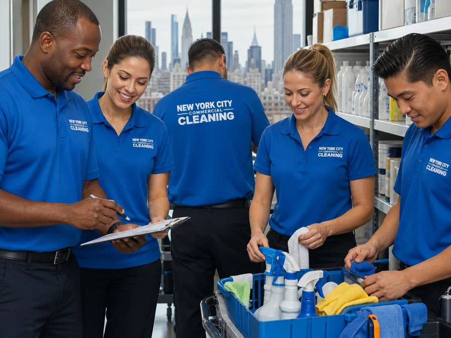 Uniformed commercial cleaning team preparing supplies and checklists before a job
